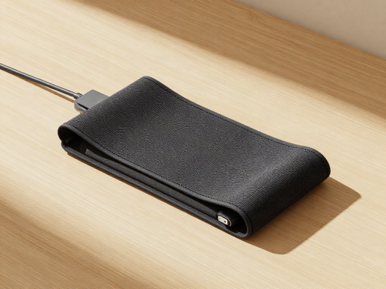 Strom aus deiner Haut? Wie Thermogeneratoren dein Handy ohne Steckdose laden - Description: modern flat lay of thermoelectric wearable device on wooden table soft shadows clean background modern aesthetic landscape format